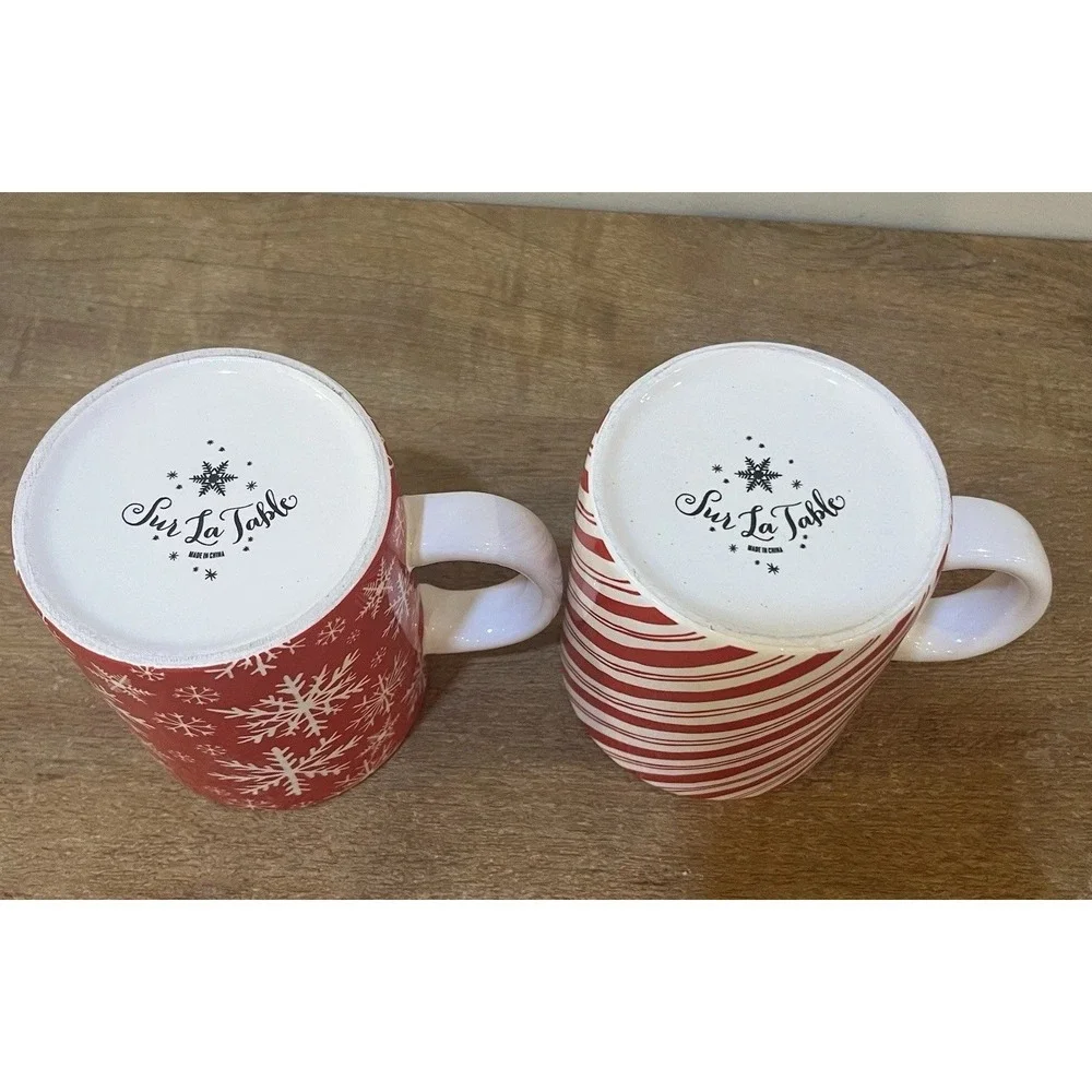 Sur la Table Christmas Holiday Mug Set of 2 Snowflake Candy Cane Red Coffee Cups